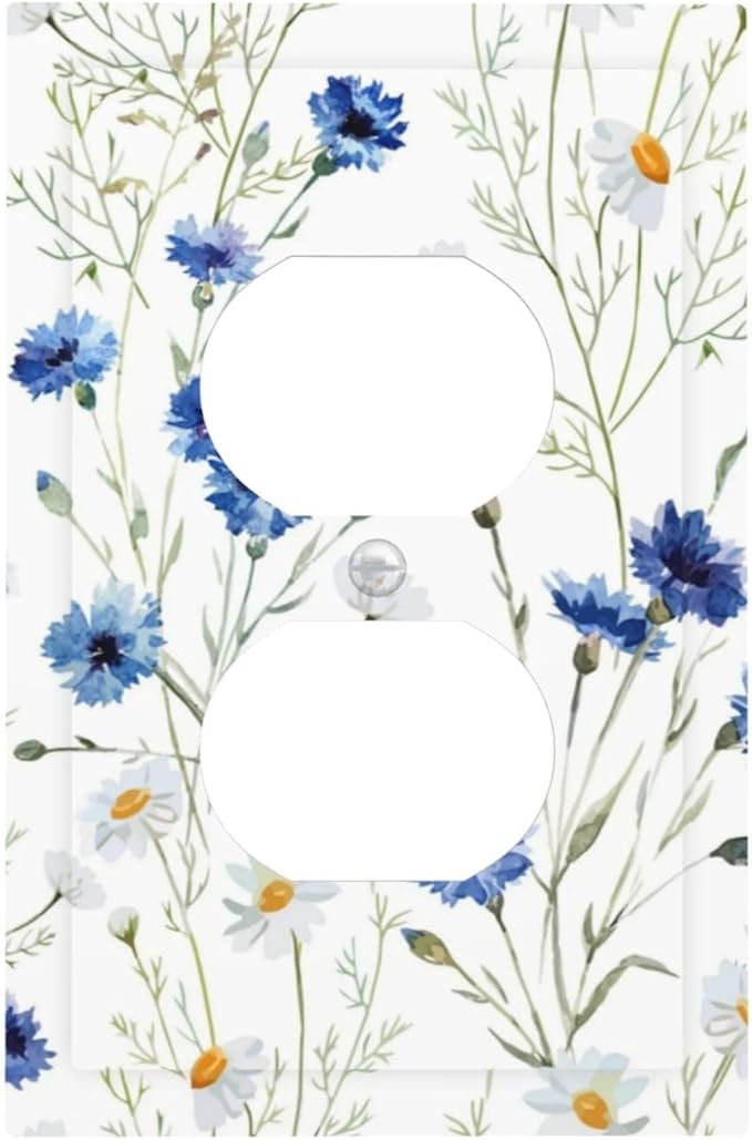 Decorative Outlet Covers Watercolor Daisy Blue Floral Vintage Plant 1 Gang Duplex Light Switch Cover Plate Electrical Switch plates WallPlates Socket Covers for Bedroom Home Decor