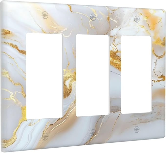 Decorative Light Switch Plate Abstract Gold Marble Design with White & Gold 3 Gang Outlet Covers Triple Rocker Wall Plate Switch Plate Cover for Modern Luxurious Decor