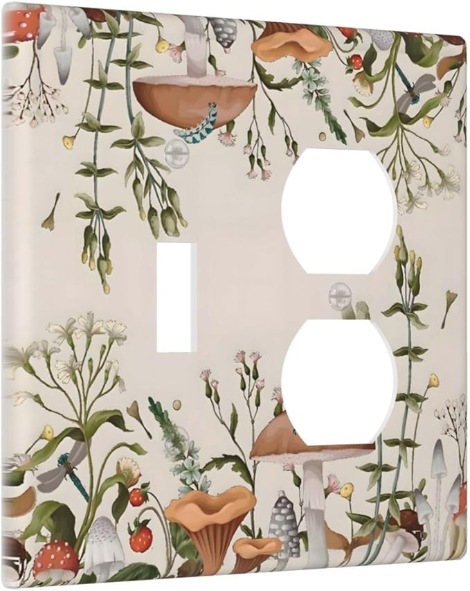 Boho Mushroom Forest Plants Wildflowers Insects Wallplates 1 Toggle 1 Duplex Switch Plate Electrical GFCI Faceplate Decorative Light Switch Covers for Kids Room Home Decor