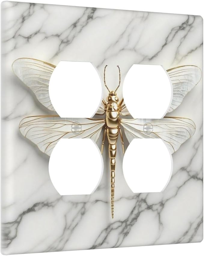 White Gold Marble Dragonfly Abstract Modern Outlet Covers 2 Gang Double Duplex Decorative Light Switch Covers Electrical Wallplates Socket Faceplate for Bathroom Home Decor