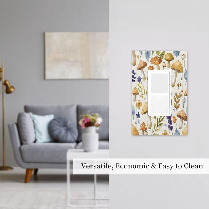 Boho Watercolor Mushroom Flowers Leaf Colorful Floral Decorative Outlet Covers 1 Gang Single Rocker Light Switch Cover Plate Wall Plates GFCI Faceplate for Kids Room Nursery Decor