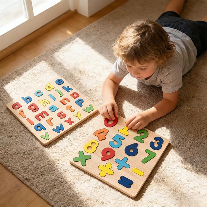 Wooden Puzzles for Toddlers, 2 Pack Alphabet Shape Wooden Puzzles for Kids Montessori Toddler Alphabet Number Shape Learning Puzzle for Kids 3 Years Over Boys & Girls