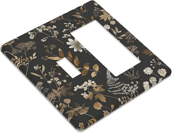 Outlet Covers Black Gold Floral Dark Leaves Vintage Flowers 1 Toggle 1 Rocker Combination Decorative Wall Plate Electrical Switch Plates Light Switch Cover Plate for Bed Room Home Decor