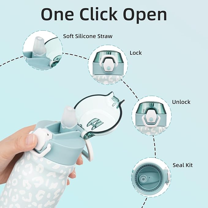 BJPKPK Water Bottle with Straw 14oz Insulated Water Bottles Reusable Stainless Steel Metal Thermal Flask with Leak Proof Lockable Lid and Carry Handle,Light Blue Leopard