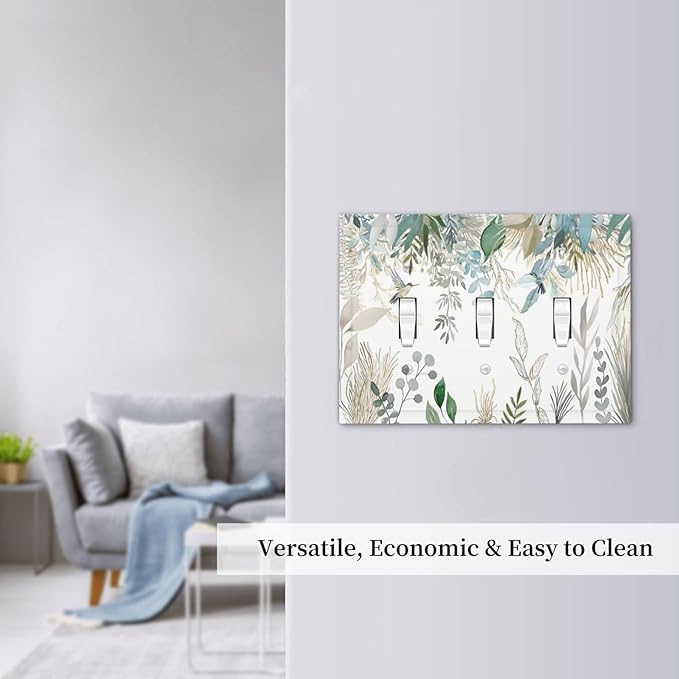 Green Tropical Palm Leaves Flower Plants Hummingbird Decorative Switch Plates 3 Gang Wall Plate Triple Toggle Light Switch Cover Faceplate Electrical Wall Panels for Bed Room Living Room Decor