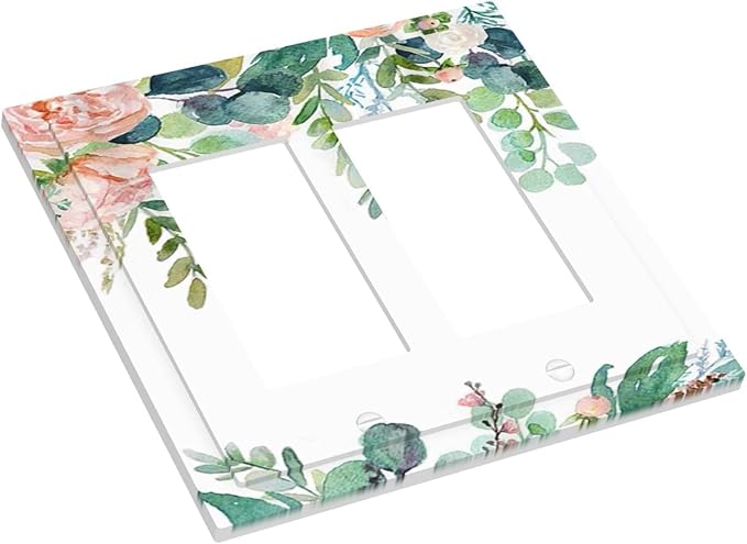 Green Eucalyptus Leaves Floral Watercolor Flower Decorative Outlet Covers 2 Gang Double GFCI Rocker Electrical Wall Panels Light Switch Cover Plate for Bed Room Living Room Decor