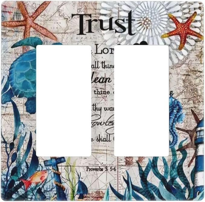 2 Gang Electrical Decora/GFCI Device Wallplate Nautical Map Turqoise Teal Blue Anchor Seahorse Starfish Sea Ocean Turtle Beach Double Decorator Rocker Outlet Light Switch Cover Electric Faceplate
