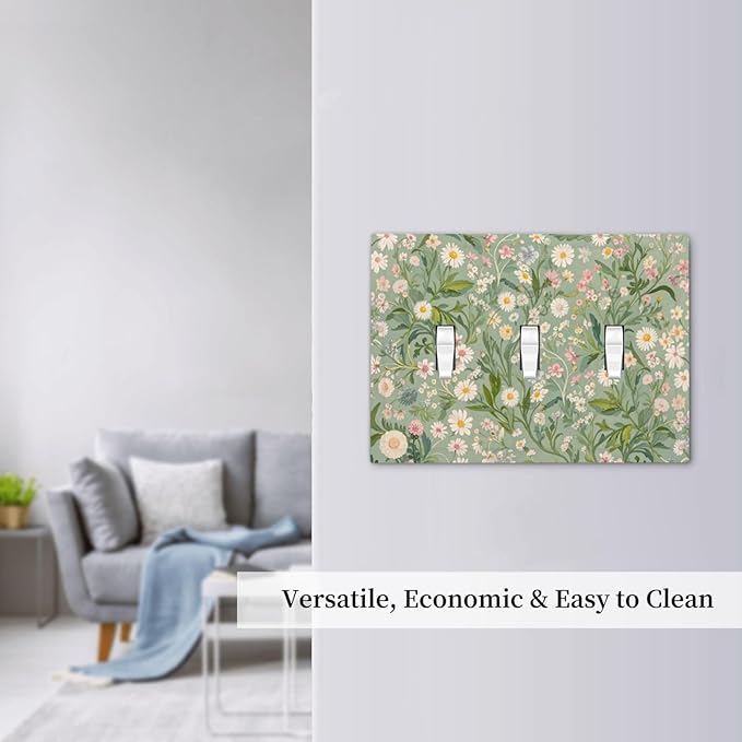 Decorative Switch Plate Cover with Vintage Wildflowers & Daisies on Light Green Background Design 3 Gang Artistic Wall Plate Unique Triple Toggle Light Switch Covers