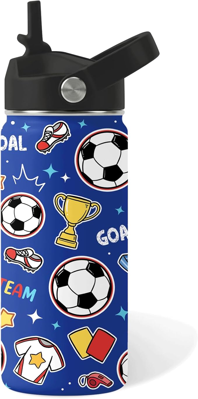 Soccer Gifts for Kids - 16 Oz Kids Water Bottle with Straw Lid, Stainless Steel Insulated Tumbler, Leak Proof, BPA-Free, for Girls, School, Travel - Soccer Lovers Children Birthday Gifts Cups(1pc)