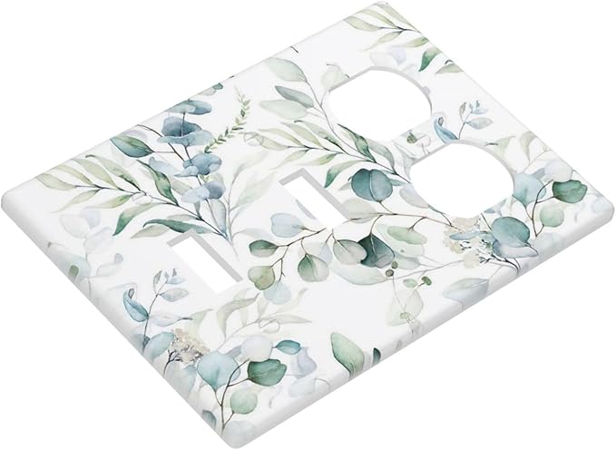 Nature Spring Eucalyptus Green Saga Leaf Plant Botanical 3 Gang Combination 2 Toggle 1 Duplex Receptacle Light Switch Wall Plates and Outlet Cover Triple Device Combo Two Toggle One Receptacle Cover