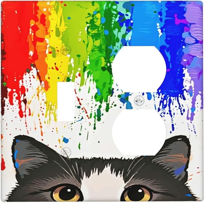 Cat Rainbow Single Toggle Duplex Combo Outlet Wall Plate Decorative 2 Gang Light Switch Covers Electrical Switchplate Home Decorate Faceplat for Bathroom Bedroom Kitchen Room 4.5 x 4.5 Inch