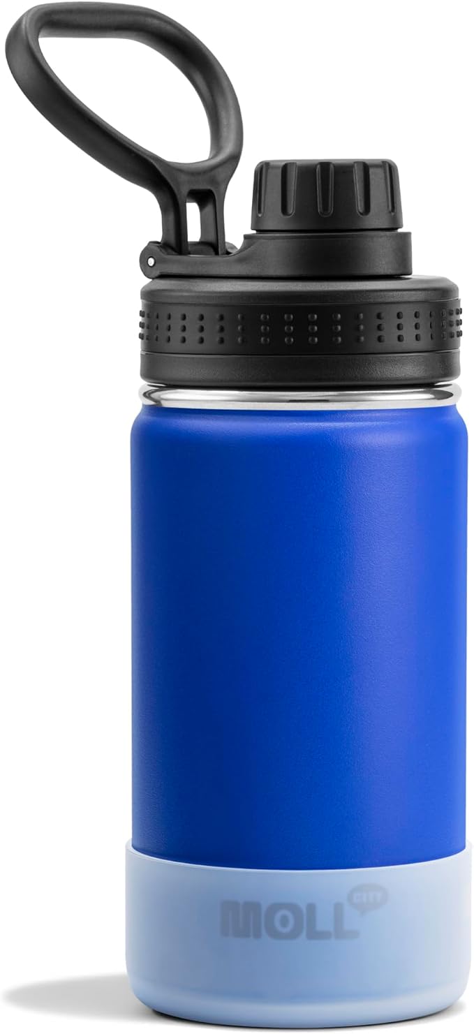 Small Water Bottle 12 oz Insulated Sports Wide Mouth Flask for School-Reuasble Stainless Steel Vacuum Travle Water Bottle with Silicone Boot (Navy)