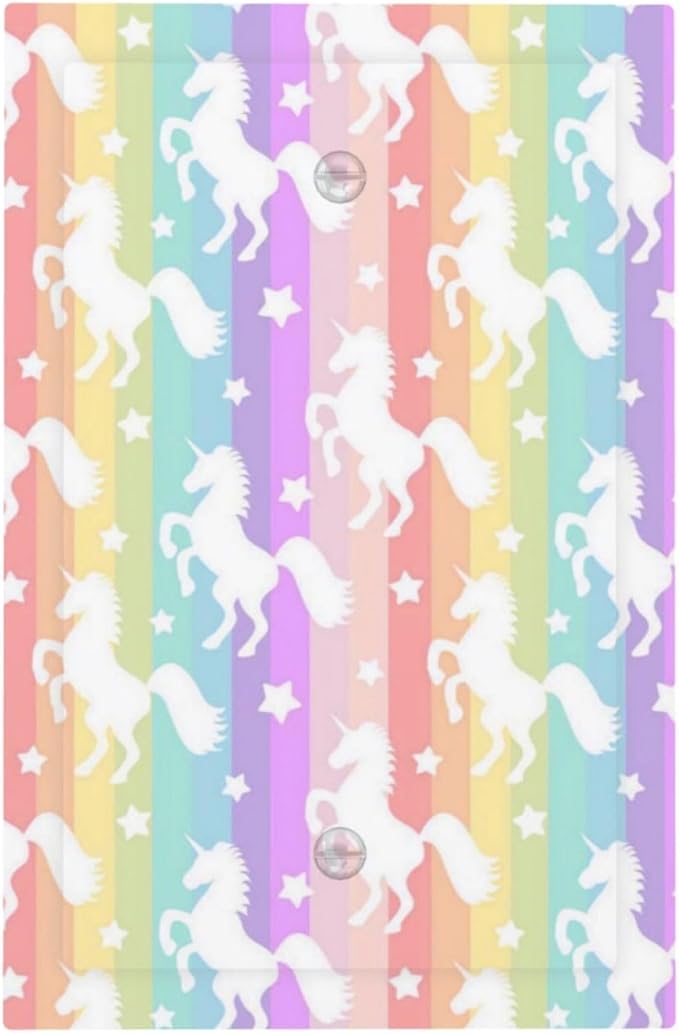 Rainbow Stripes Unicorn Kid Girls Theme 1-Gang No Device Decorative Blank Receptacle Wall Plate Funny Cute Colorful Girly Light Switch Mid-Size Electrical Face Plate Cover for Unused Outlets/Switches