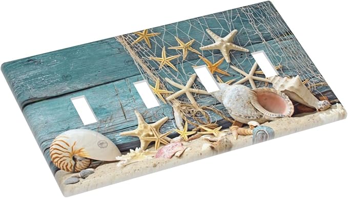 Nautical Beach Starfish Teal Wood 4 Gang Device Light Switch Cover Decorative Quad Toggle Wall Plate Decorative Electrical Faceplate for Home Bedroom Art Decorate