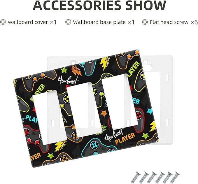 Kid Boys Gamer Gaming Game 3 Gang Triple Rocker/Decora Light Switch Wall Plate Cover Decorative Electrical Faceplate Switchplate for Bathroom Living Room Decor