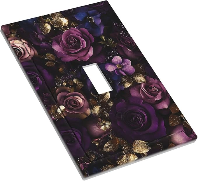 Decorative Switch Cover Plate with Luxurious Purple Roses Gold Accents Leaves Design Single Gang Toggle Switch Plate Light Switch Covers Artistic Faceplate for Romantic Bedroom/Living Room