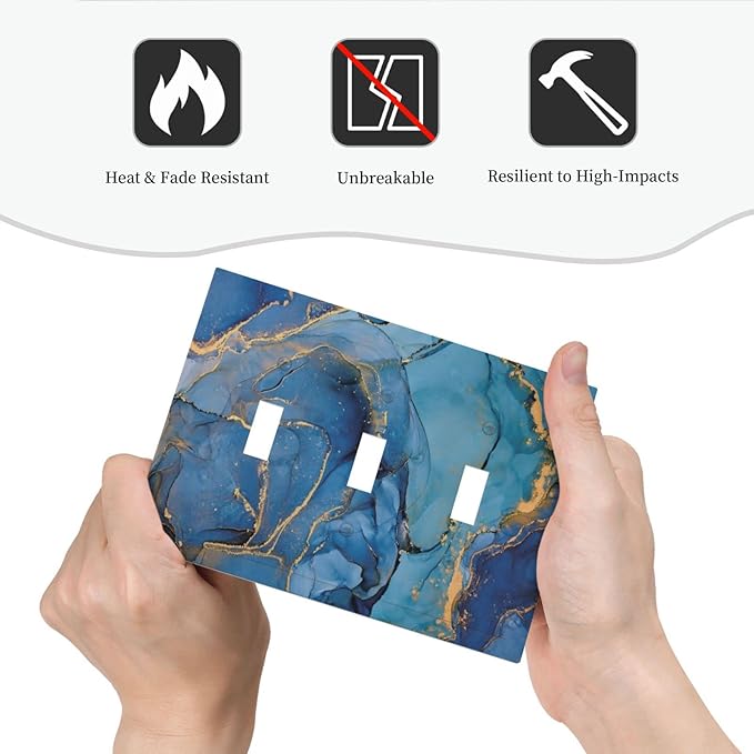Blue Marble Triple Toggle Light Switch Cover Decorative 3 Gang Wall Plates Modern Ombre Watercolor Ink Art Electrical Faceplate for Decor Bathroom Kitchen Bedroom