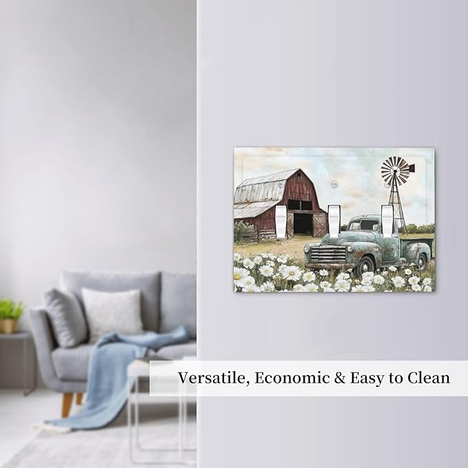 Retro Trucks Old Barn Windmill Teal Car Rustic Decorative Switch Plates 3 Gang Wall Plate Triple Toggle Light Switch Cover Faceplate Electrical Wall Panels for Farmhouse Home Decor