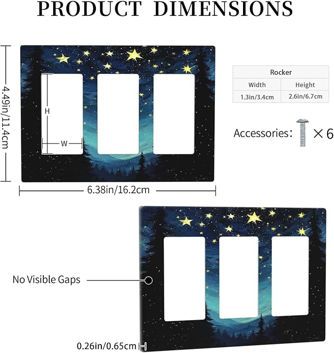 Light Switch Covers Blue Starry Sky Forest Painted Star Pine Tree Oil Painting 3 Gang Rocker Electrical GFCI Decorative Triple Outlet Wall Plate Cover Switchplate for Bedroom Cabin Decor