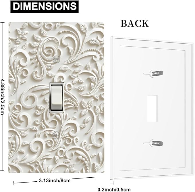 White Floral Vine 1-Gang Toggle Light Switch Plate, French Scroll Printed Pattern Decorative Wall Plate, Neutral Farmhouse Decor for Bedroom Bathroom Living Room