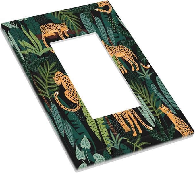 Jungle Cheetah Tropical Wildlife Leopard Green Palm Leaf Decorative Outlet Covers 1 Gang Single Rocker Light Switch Cover Plate Wall Plates GFCI Faceplate for Farmhouse Home Decor