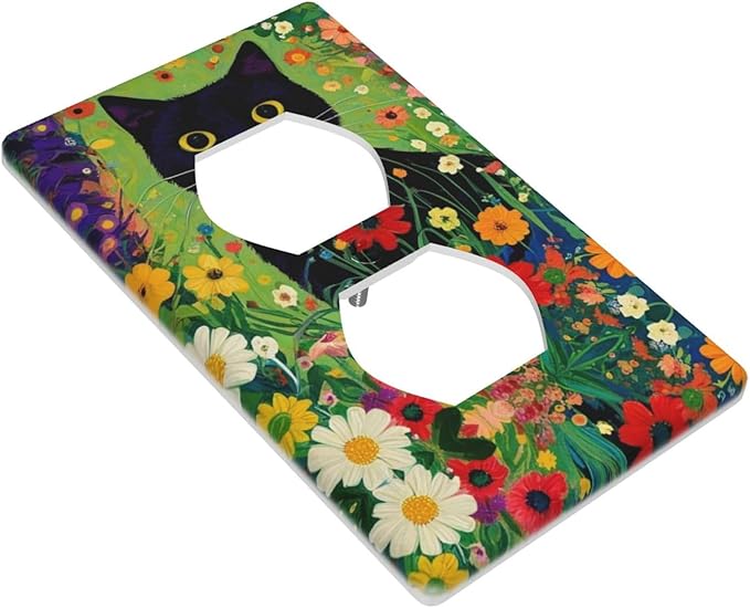 Decorative Art Light Switch Covers Cute Cat & Floral 1 Gang Single Duplex Outlet Wall Plate Switchplate Electrical Faceplate for Home Decor