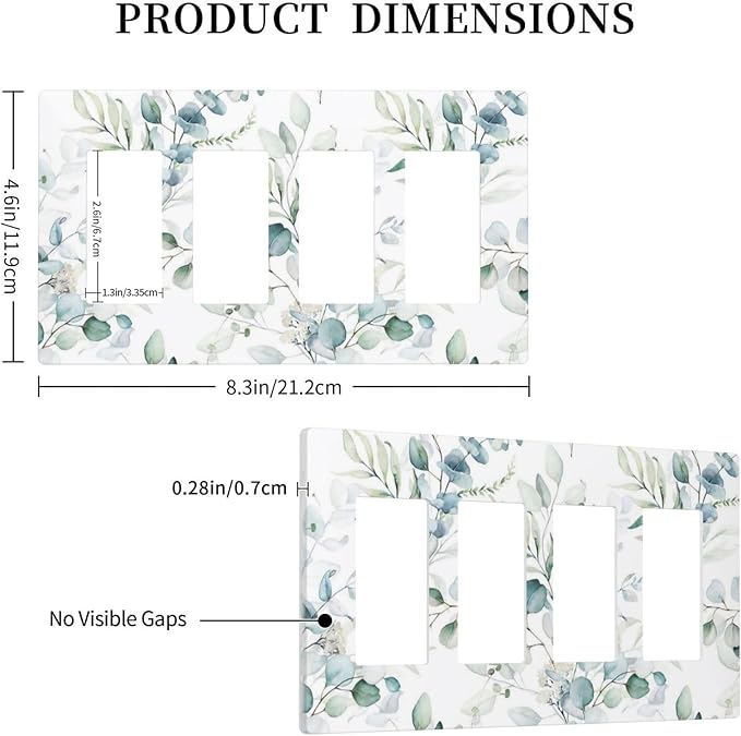 Watercolor Spring Eucalyptus Green Saga Leaves Plant Nature Botanical Floral 4 Gang Quad Device Screwless Decorator GFCI/Rocker Wall Plate Light Switch Dimmer Receptacle Outlet Cover Standard Size