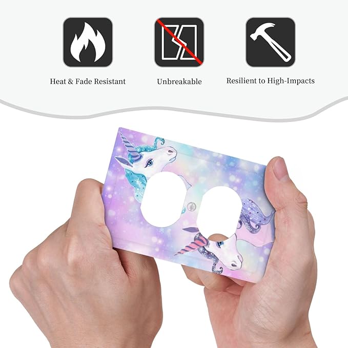 Purple/Blue Rainbow Unicorn 1 Gang Duplex Wall Plate Receptacle Outlet Covers Fantasy Cute Kawaii Kid Girl Star Cartoon Fairy Decorative Electrical Dual Device Light Switch Plug Socket Faceplate Cover