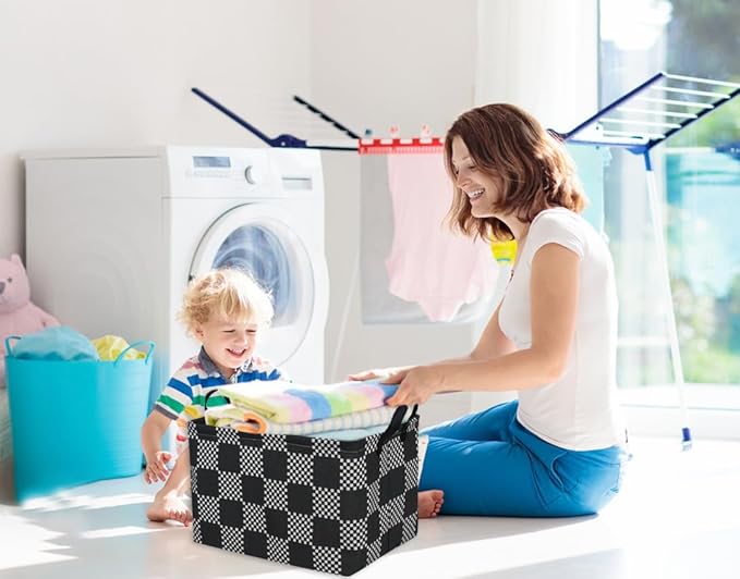 Essme Rectangular Boys Basket,Kids Storage Basket with Handles for Room Decor,Car Storage Bin（Black grid）