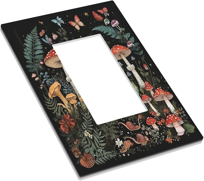 Cartoon Floral Mushroom forest Butterfly Flowers Decorative Outlet Covers 1 Gang Single Rocker Wall Plates Gfci Faceplate Light Switch Cover Plate for Bedroom Kids Room Decor