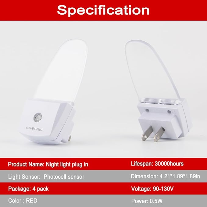 GREENIC Plug in LED Night Light Lamp 4 Pack with Light Sensor RED
