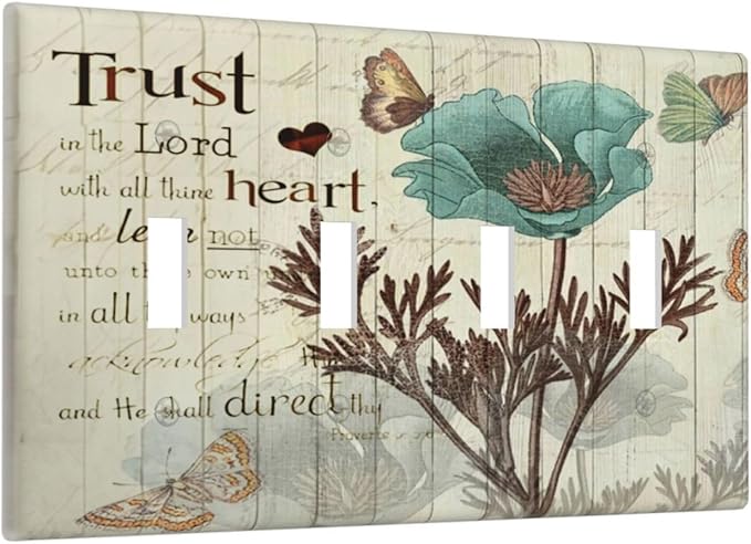 Rustic Elegant Teal Tulip Bible Inspirational Quote Light Switch Covers Quad Toggle Electrical Faceplate 4 Gang Wall Plate Decorative Switch Plates Cover for Farmhouse Bedroom Decor