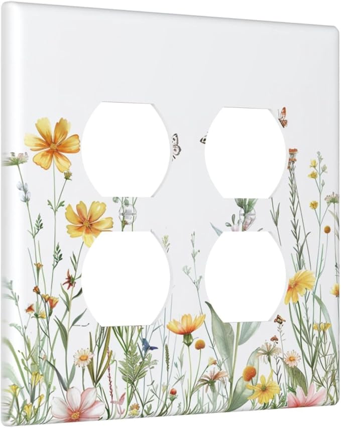 Decorative Light Switch Cover Plate Rustic Colorful Floral Butterfly Watercolor Flowers 2 Gang Decorative Switch Plates 1 Toggle Duplex Combo Outlet Covers GFCI Plug Covers Wallplates for Bathroom