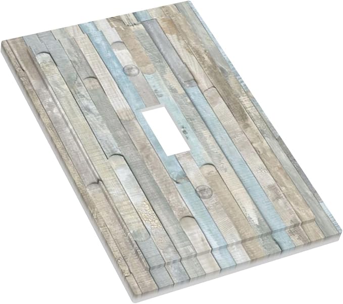 Rustic Vintage Country Farmhouse Kitchen Teal White Gray Blue Grey Wooden Wood Plank 1 Gang Electrical Single Toggle Device Switch Wall Plate Jumbo Size Decorative Outlet Light Switch Face Plate Cover