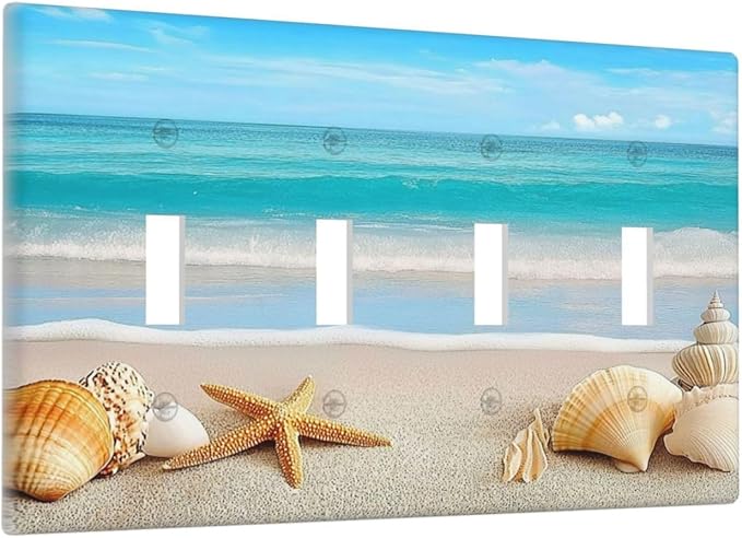 Light Switch Covers Seashells Beach Starfish Scallop Quad Toggle Electrical Faceplate 4 Gang Wall Plate Decorative Switch Plates For Bathroom Home Decor