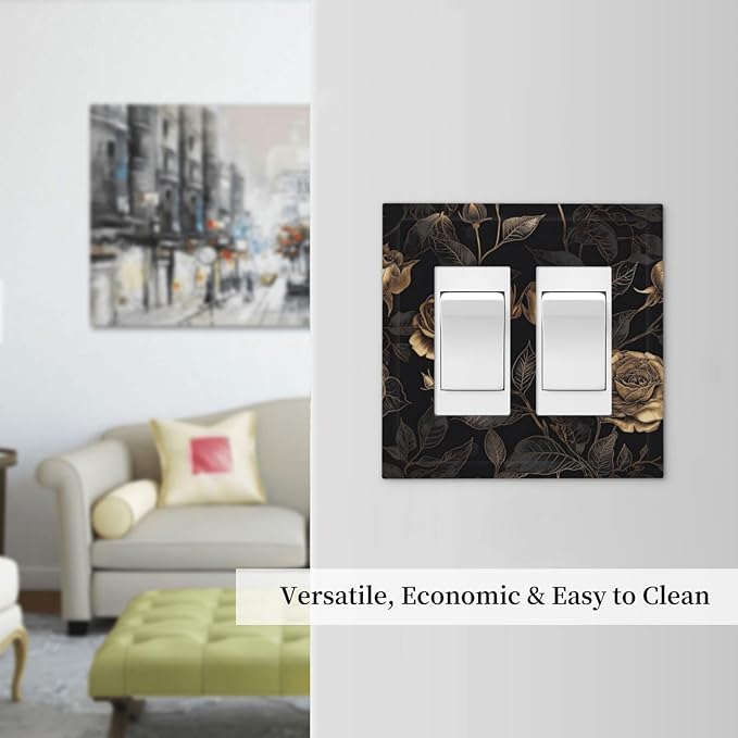 Black Floral Dark Vintage Gold Rose Flower Decorative Outlet Covers 2 Gang Double GFCI Rocker Electrical Wall Panels Light Switch Cover Plate for Bedroom Living Room Decor
