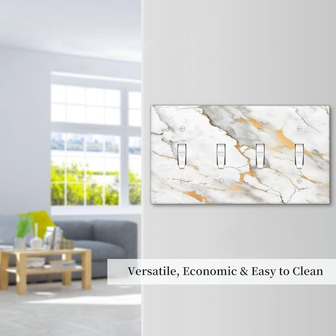 Light Switch Covers Marbling Style White Background Gold Gray Stripes Quad Toggle Electrical Faceplate 4 Gang Wall Plate Decorative Switch Plates For Bathroom Kitchen Decor