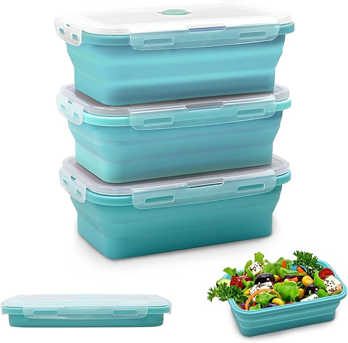 Alimat PluS 27oz Silicone Food Storage Containers, 3 Pack Set 800ml Collapsible Food Storage Containers with Lids(Blue)