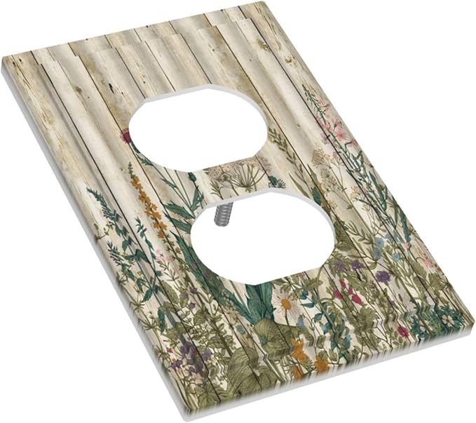 Vintage Wild Flowers Botanical Green Leaves Plants 1 Gang Outlet Plate Decorative Single Duplex Wall Plate Covers Rustic Wood Plank Electrical Receptacle Light Switch Cover Art Faceplate Switchplate