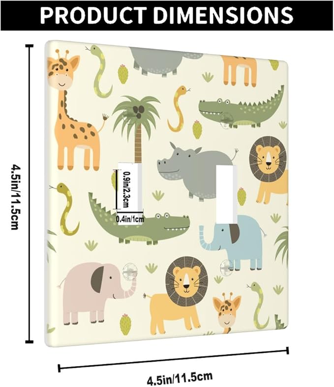 Cartoon Safari Animals Light Switch Cover Plate Cute Hippo Crocodile Lion Elephant And Giraffe Funny Wildlife Double Toggle Light Switch Cover 2-Gang Wall Plate for Boys Girls