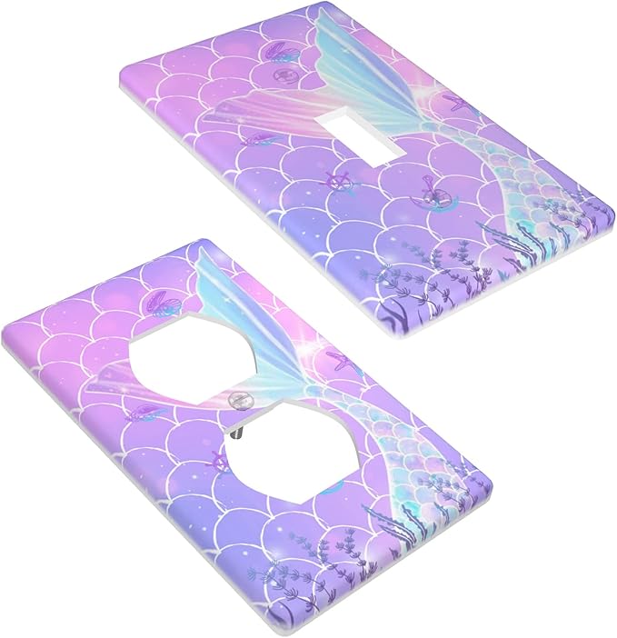 2 Pcs Mermaid Wall Plates Light Switch Cover Cute Decorative Outlet Cover for Girls Boys Bedroom Kitchen Home Bathroom Living Room(Single Toggle Duplex Outlet)