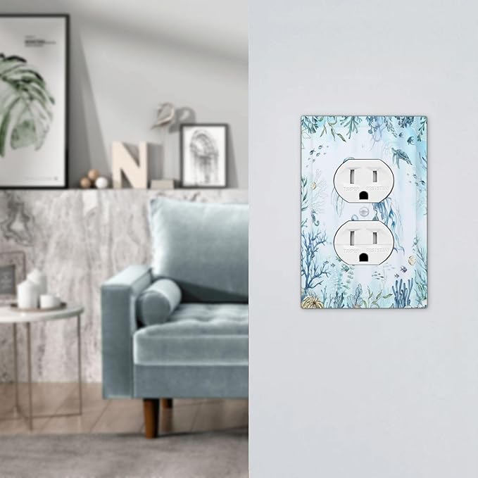 Outlet Covers Jellyfish Teal Blue Ocean Turtle Coastal Beach 1 Gang Duplex Electrical Receptacle Faceplate Light Switch Cover Wall Plate Decorative Switch Plates for Bedroom Bathroom Decor