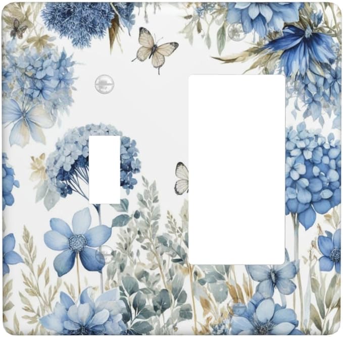 Decorative Outlet Covers Boho Blue Flowers Rustic Beige Butterfly Leaves 2 Gang 1 Gang Wall Plate Cover Single Toggle Rocker Combination Light Switch Plate Covers Jumbo Switch Cover