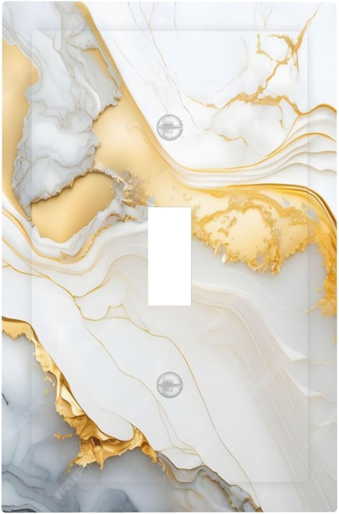 Exquisite White Gold Marble Abstract Luxurious Print Decorative Light Switch Cover 1 Gang Single Toggle Device Electrical Faceplate Switchplates Decorator Outlet Wall Plate for Bathroom Kitchen Decor