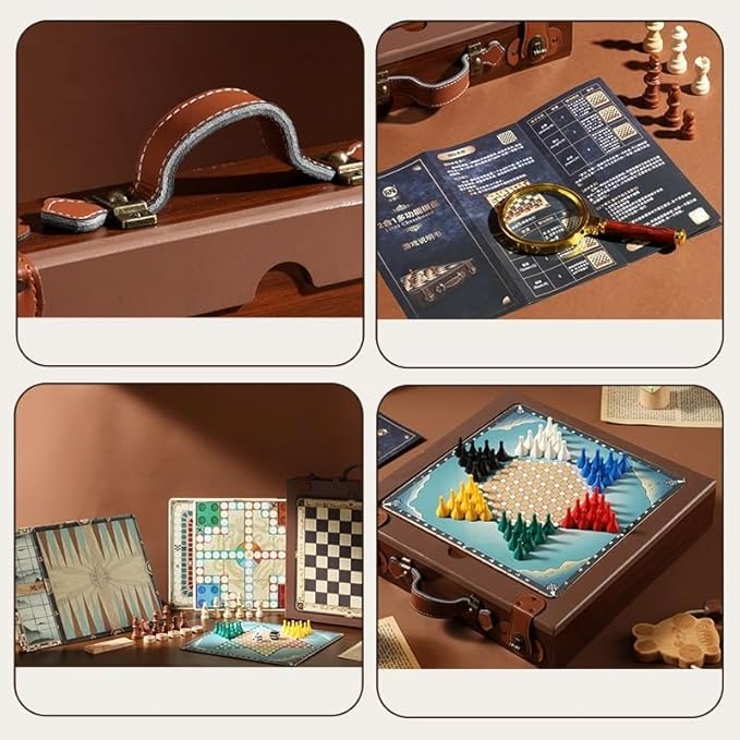 Board Games 12-in-1 Classic Wooden Board Game Set Chess Checkers Backgammon and More Premium Multi-Game Collection