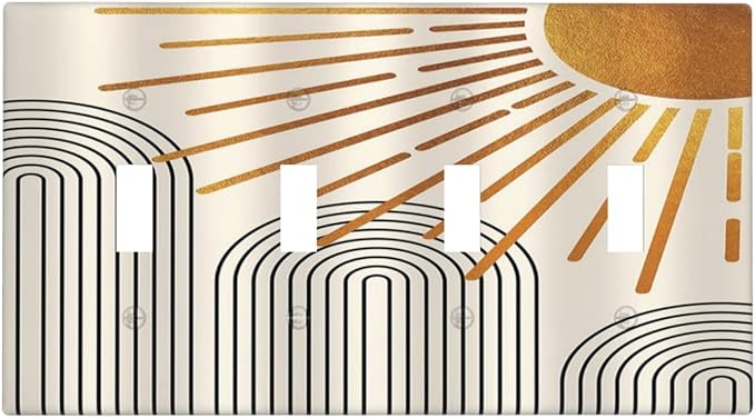 Mid Century Beige Boho Abstract Sun Vintage Arch Quad Toggle Light Switch Covers Decorative 4 Gang Wall Plate Electrical Faceplate Switchplate for Country Bathroom Bedroom Decor