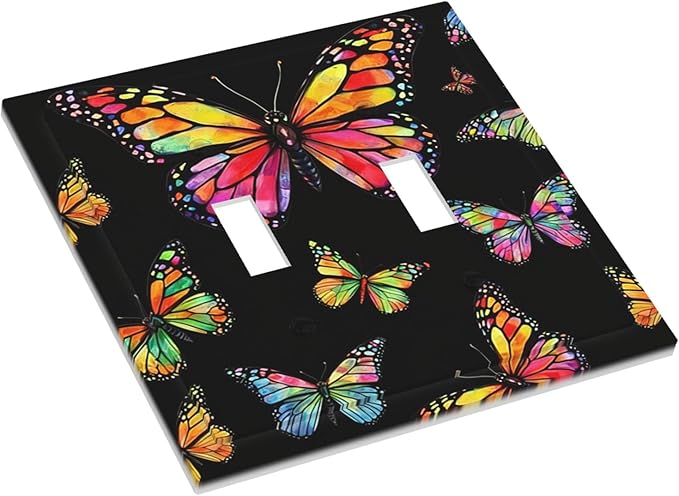 Vibrant Rainbow Butterflies on Black Double Toggle Switch Cover - 2-Gang Standard US Size Enchanted Garden Butterfly Light Switch Covers for Bedroom Decor