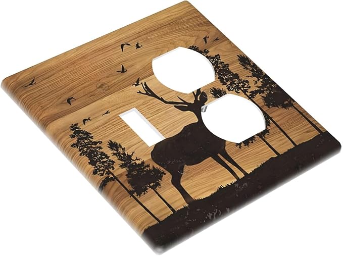 Elk Moose Forest Hunting Pyrography Art Wood Texture Print Wallplates 1 Toggle 1 Duplex Switch Plate Electrical GFCI Faceplate Decorative Light Switch Covers for Farmhouse Bedroom Decor