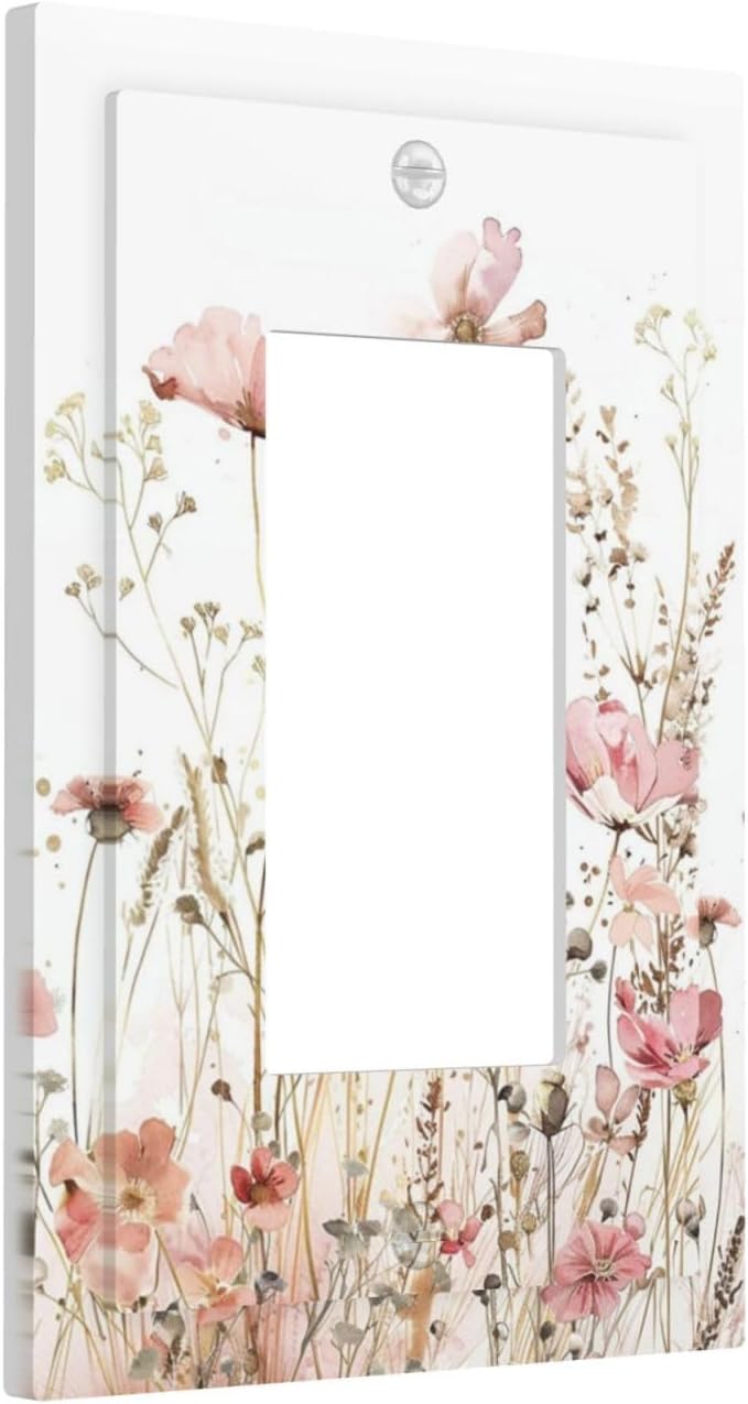 Boho Floral Watercolor Pink Wildflower Butterfly Decorative Outlet Covers 1 Gang Single Rocker Light Switch Cover Plate Wall Plates GFCI Faceplate for Bedroom Living Room Decor