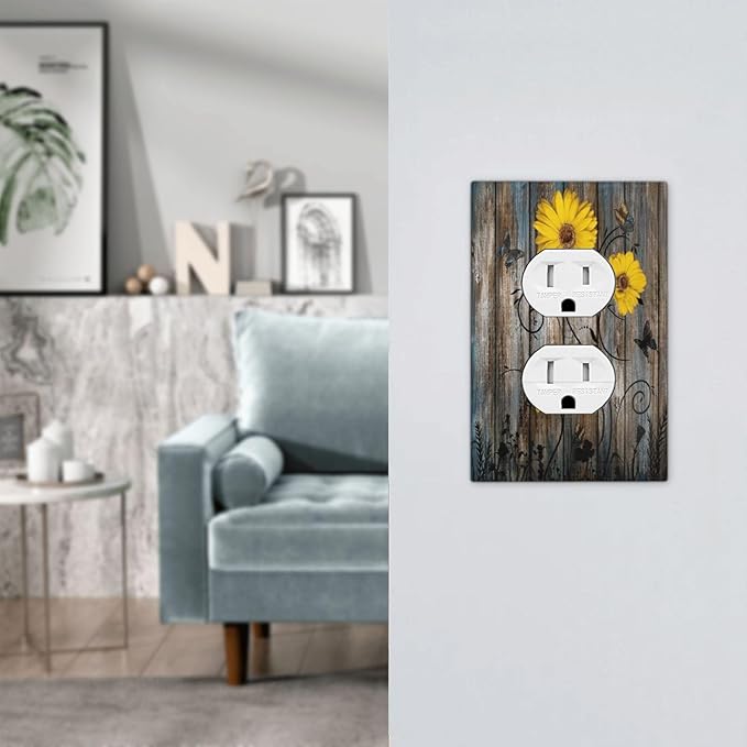 Rustic Barn Sunflower Wooden Daisy Flower Plank Outlet Covers 1 Gang Duplex Light Switch Cover Decorative Switch Plates Electrical Receptacle Faceplate Wall Plate for Farmhouse Home Decor